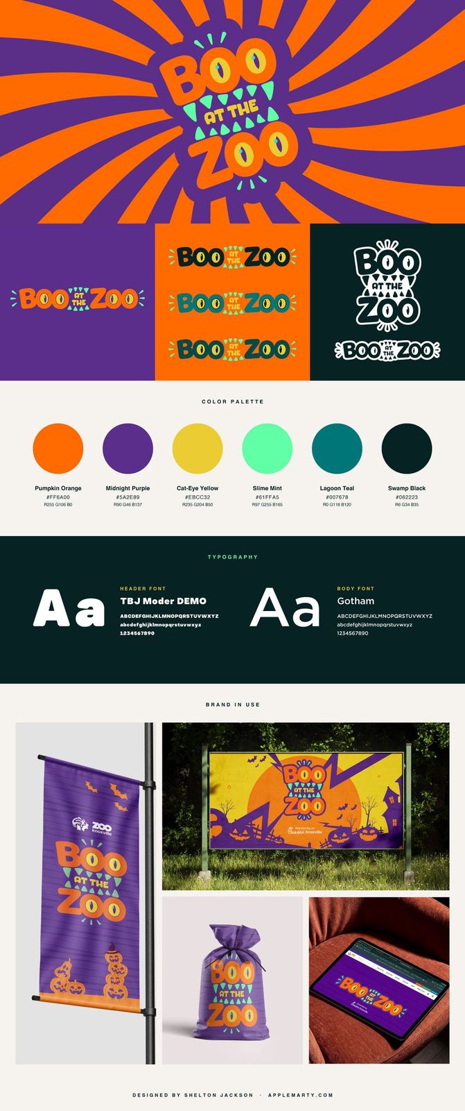 Boo at the Zoo: Brand board: logo variations, palette, typography, and applications